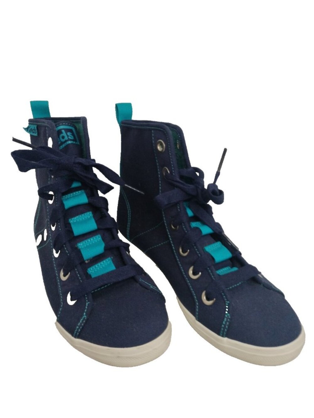 Keds High Top Navy Blue Bright Teal Canvas Sneakers Size 6 Excellent Con.